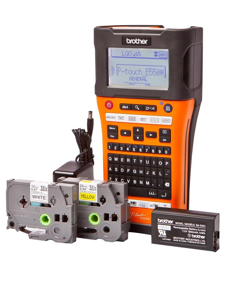 Brother P-Touch E550WVP Industrial Labeller with LCD screen and tape cartridge, designed for durable labelling.